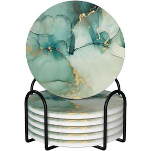 6 Pcs Ceramic Coasters with Holder Absorbent Drink Round Blue Green Jade Texture Marble with Golden Design for Home Table Coffee Cup Beer Bar,Size 4.4 inches