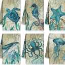 Mixweer 6 Pcs Beach Kitchen Towels Nautical Coastal Hand Towel Fishing Ocean Animal Dish Cloths 16 x 24 Inch Sea Turtle Absorbent Tea Dishcloth Gift for Home Bathroom Kitchen Decor(Blue,Ocean)