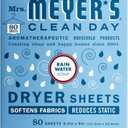 MRS. MEYER'S CLEAN DAY Dryer Sheets, Fabric Softener, Reduces Static, Infused with Essential Oils, Rain Water Scent, 80 Count