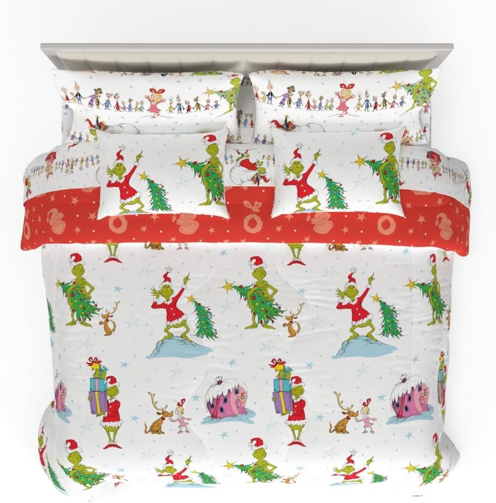 Franco Grinch by Dr. Seuss Holiday & Christmas Bedding Super Soft Comforter and Sheet Set with Sham, 7 Piece King Size (Official Dr. Seuss Product) (Grinch - White + Red)