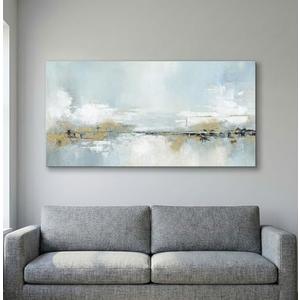 SENROLAN 24x48 Blue Beige Abstract Wall Art for Living Room, Large Horizontal Canvas Wall Art, Modern Neutral Minimalist Wall Decor with Soft Gold Accents, Ready to Hang