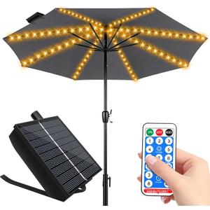 Solar Umbrella Lights Outdoor, Waterproof Solar Powered Patio Umbrella Lights Strings with 104 LEDs 8 Lighting Modes Remote Control, Warm White
