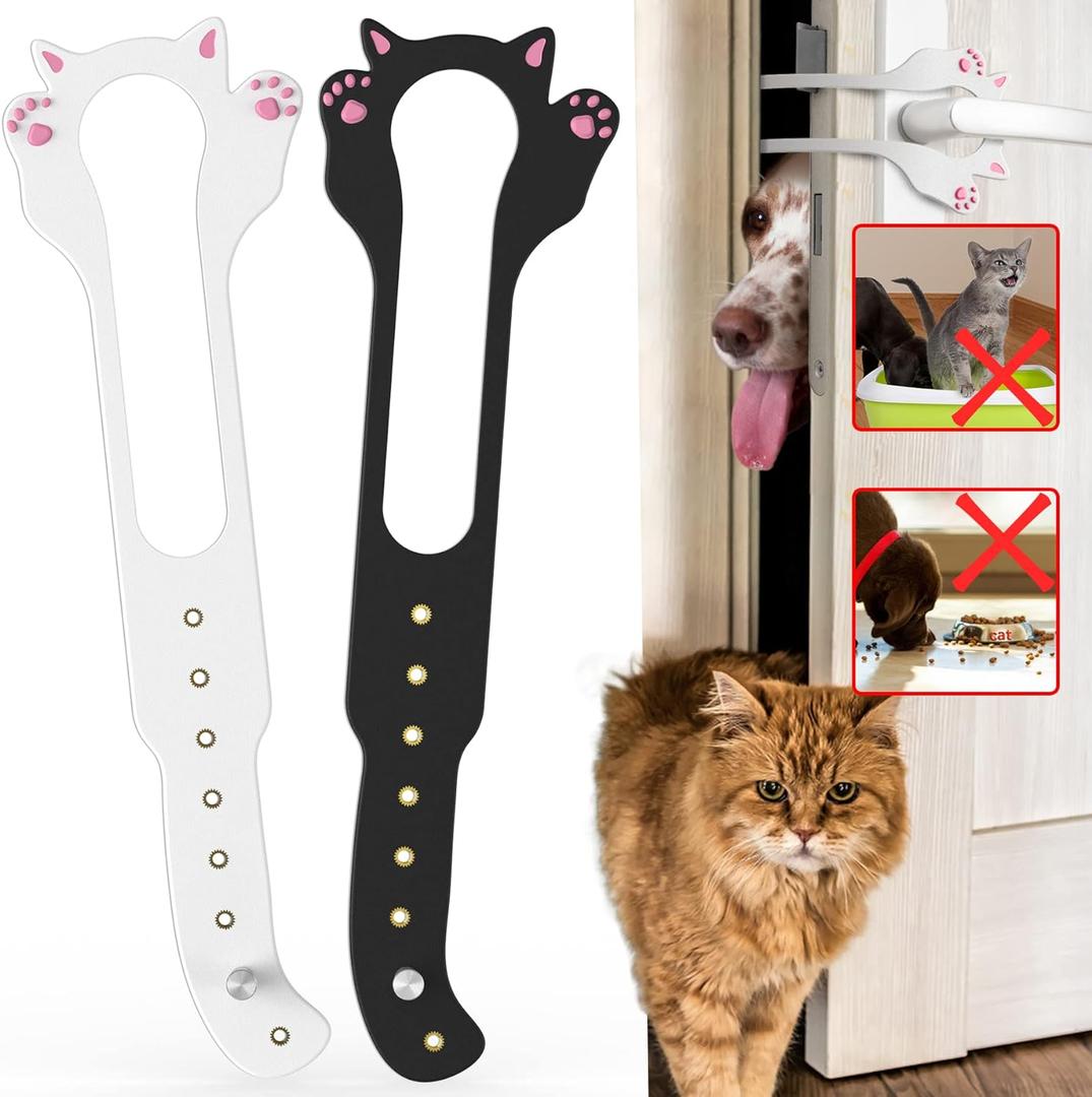 Cat Door Latch Holder,8 Adjustable Sizes Stronger Flex Cat Door Stopper, Keep Door Open 1.5" to 8", Let's Cats in and Keeps Dogs Out of Litter & Food, No Tool Required & No Wall Damage (1*white+1*black)