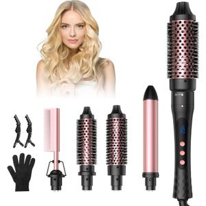 5 in 1 Curling Iron,Curling Wand Set and Thermal Brush Hair Tool,12 Temp Heating Setting Hot Comb,Interchangeable Ceramic Wand Curling Iron 110-240V