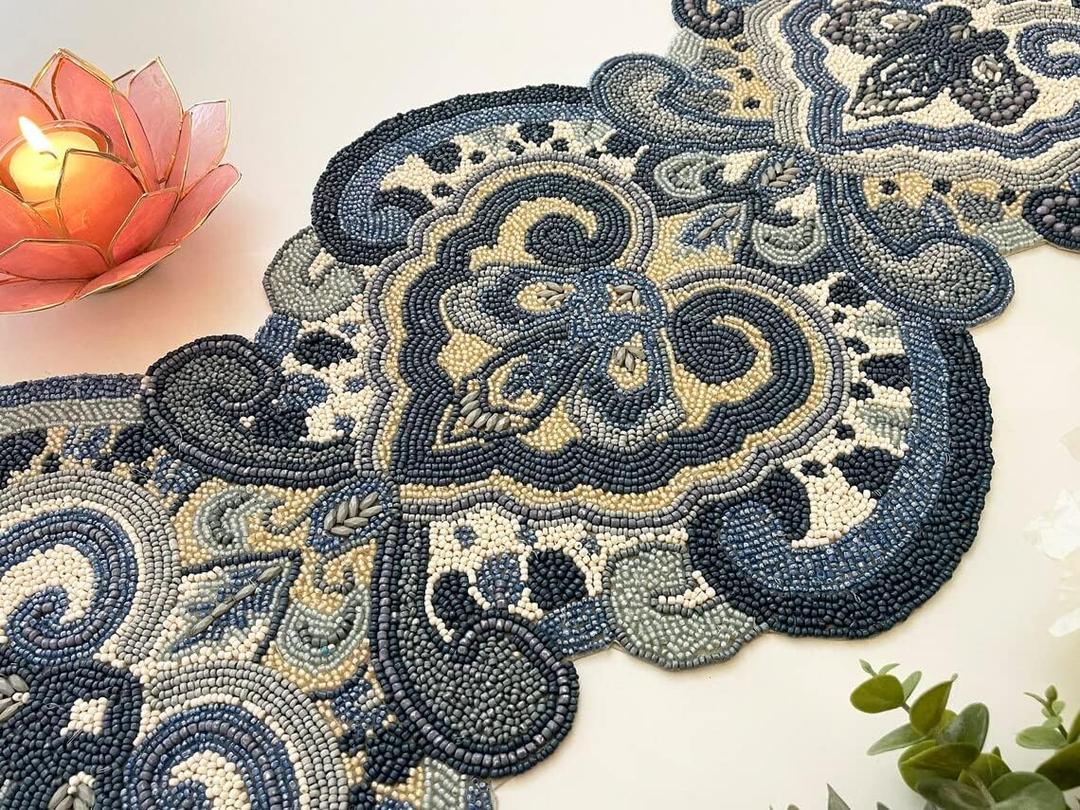 Enliven Handmade Beaded Table Runner, 13x36 Inches Lightweight Decorative Table Runner, Perfect for Dining/Wedding/Party/Everyday Use & Easy to Clean, Elegant Beaded Runner (Blue,Grey) (Design 2)
