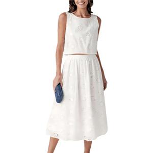 Wanzetaly Women's 2 Piece Skirt Set Hollow Out Eyelet Sleeveless Outfits (White), Large
