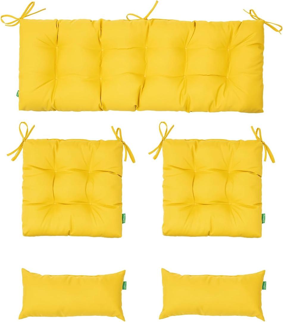 Outdoor Wicker Chair Cushions of 5Pieces,Tufted Patio Bench Cushions & 2Seat Cushions with Ties,2Lumber Pillows,Waterproof Cushions for Patio Furniture -Yellow
