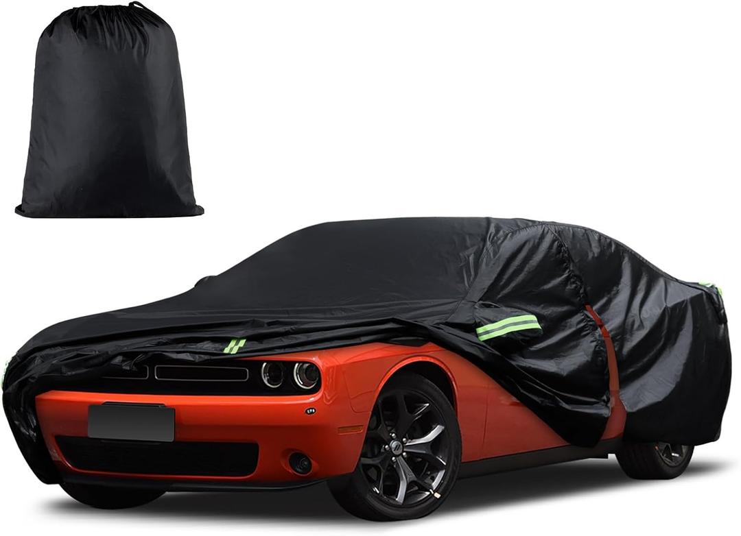 Car Cover Custom Fit for Dodge Challenger 2008-2025, Waterproof All Weather for Automobiles Full Exterior Cover Rain Sun Snow Protector with Door Zipper, Black 