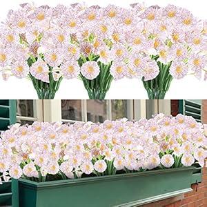 Artificial Flowers 12 Bundles Outdoor UV Resistant Fake Flowers No Fade Faux Plastic Greenery Shrubs Garden Porch Window Box Decorating (White)