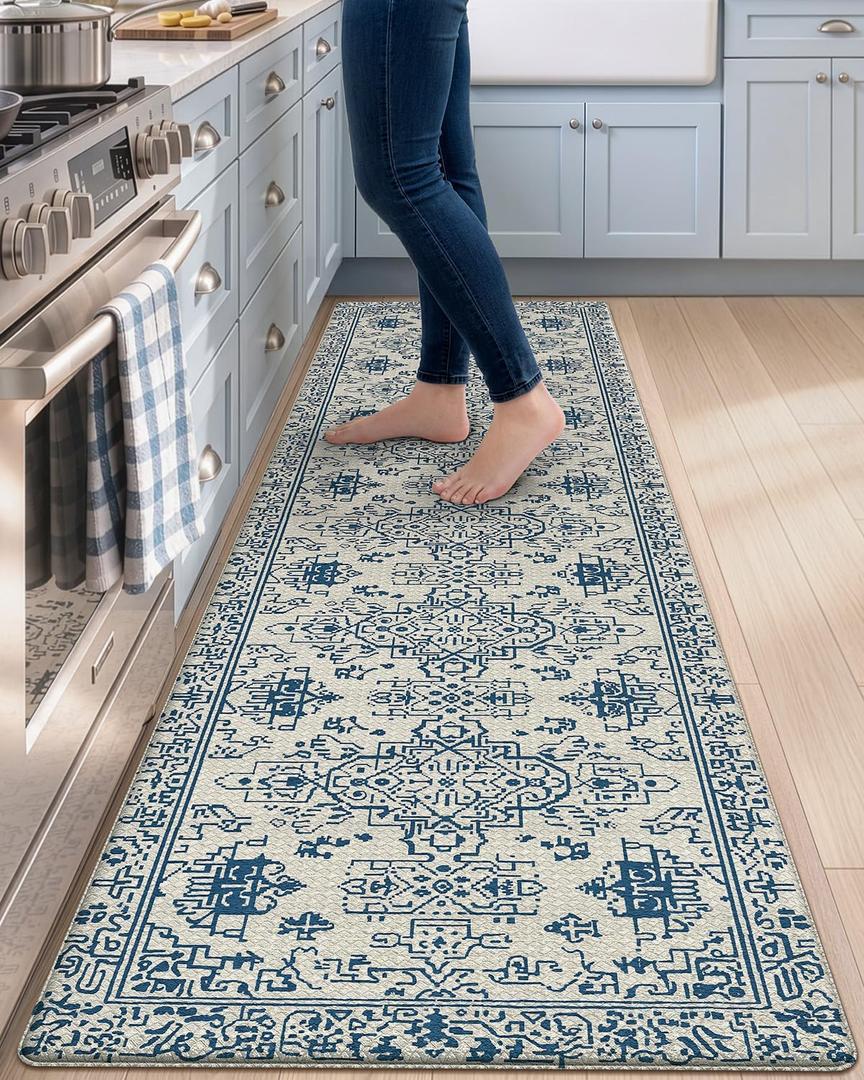 24x87 DEXI Kitchen Floor Mats Cushioned Anti Fatigue Runner Rug Blue and White