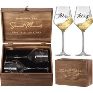 Mr, Mrs Wine Glasses Gifts for Wedding/Engagement/Bridal Shower, Classy Engagement Present, WEDDING Gift for Couples, Women, Bride to be, Newlyweds-Wedding Keepsake Box Gift Set