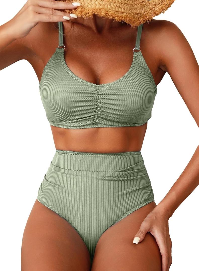 Herseas Women's Loop Straps Bikini Sets 2 Piece Shine Ribbed Swimsuits Ruched High Waisted Bathing Suits (Green, XL)