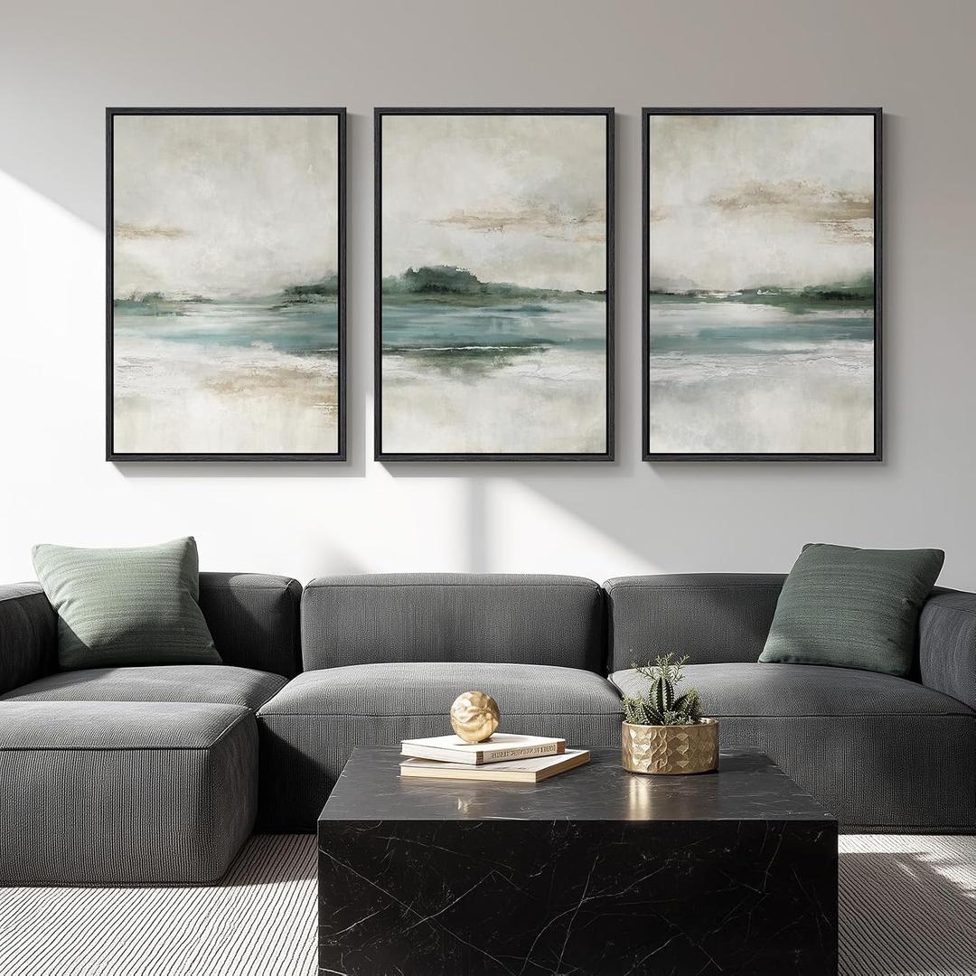 Large Framed Abstract Landscape Wall Art, 3 Piece Canvas Prints Paintings Artwork for Walls, Soft Blue and Green Nature Lake Pictures for Living Room Dining Bedroom Home Office Wall Decor 20x30 In, 20" W x 30" H x 3Pcs