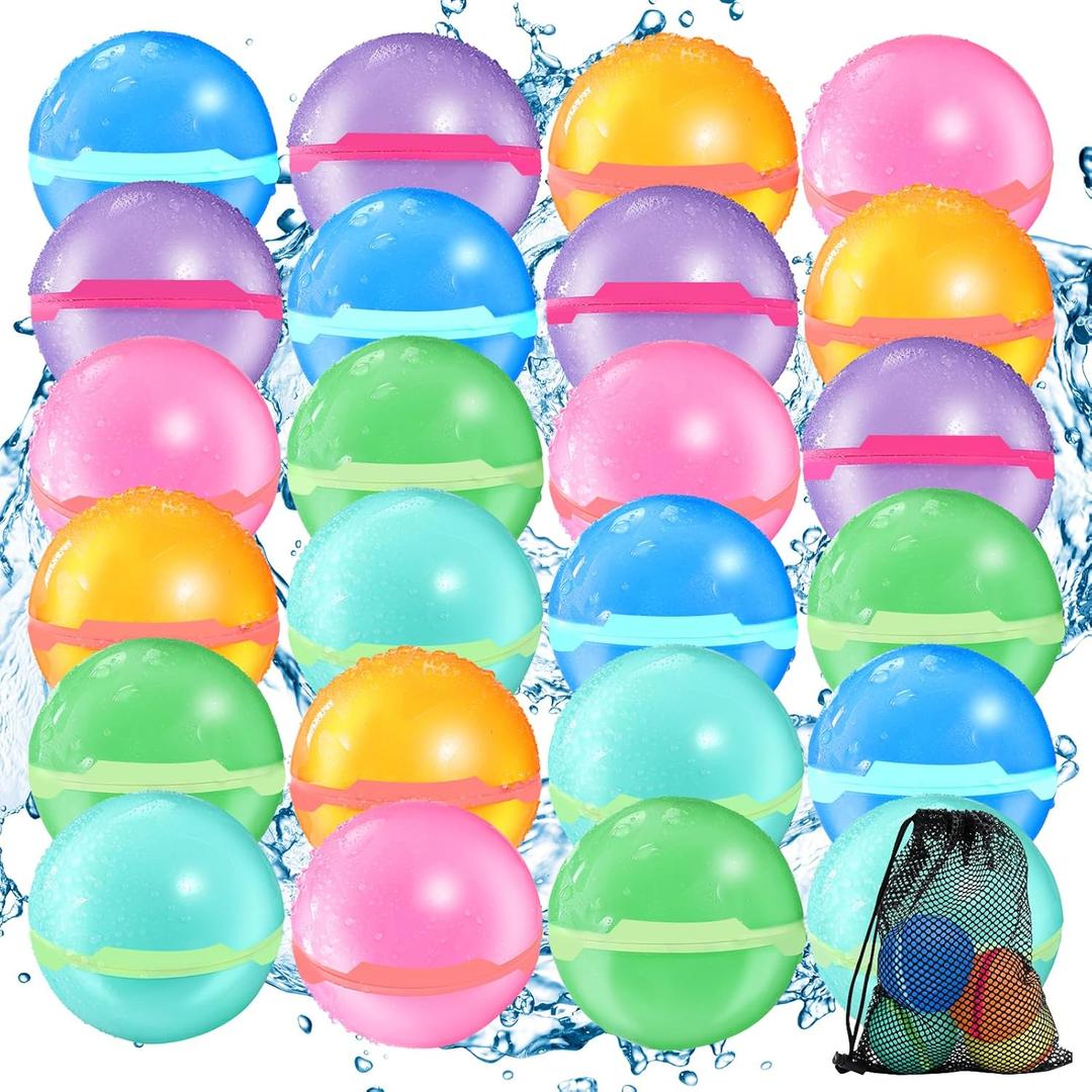 Reusable Water Balloons for Kids - Magnetic Refillable Water Balloons Set, Fun Summer Pool Toys & Beach Water Toys for Outdoor Games (24 Pack)
