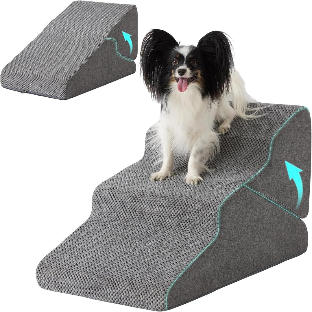Dog Stairs for Small Dogs 16 H, 3-Step Dog Steps for Bed, Foldable Pet Stairs and Ramp for Dogs and Cats to Get on Beds, Couch, Non-Slip Balanced Pet Steps with Waterproof Cover, Grey