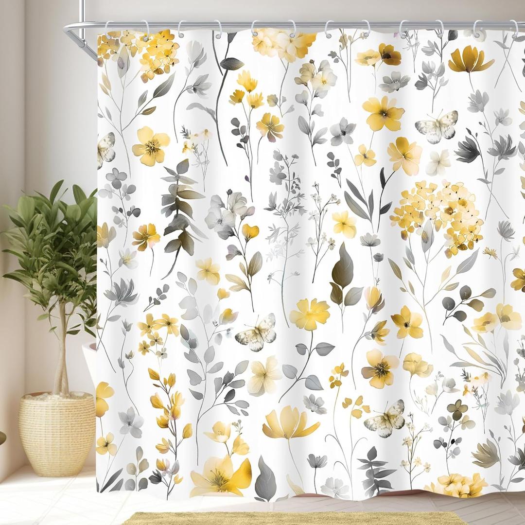 Cinbloo Yellow Gray Grey Flower Floral Shower Curtain,Wildflower Leaves Leaf Fabric Bathroom Curtains,Botanical Natural Watercolor Spring Summer Butterfly Cloth Shower Curtain Set with Hooks, 72Wx72H