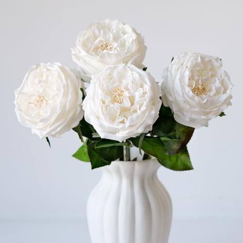 YalzoneMet 3.5'' Big Bloom White Rose Artificial Flowers 4Pcs Real Touch Rose Faux 17.7 Inch Long Stem Austen Roses Peonies Fake Flowers for Home Kitchen Party Christmas Flower Wedding Decor