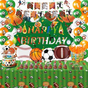 Combo Sports Party Kit for 20: Football & Basketball Theme Decorations with 300g Plates, Orange Cutlery, Banner, 24 Balloons, Tablecloth & Backdrop for Birthday