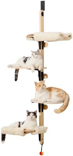 MEWOOFUN Cat Climbing Shelves Tree, 4-Levels Over Door Cat Climber for Jumping, Stable Cat Stairs Hammock for Kittens & Adult Cats (Wooden-65 H x 26.8” L x 13.8” W)