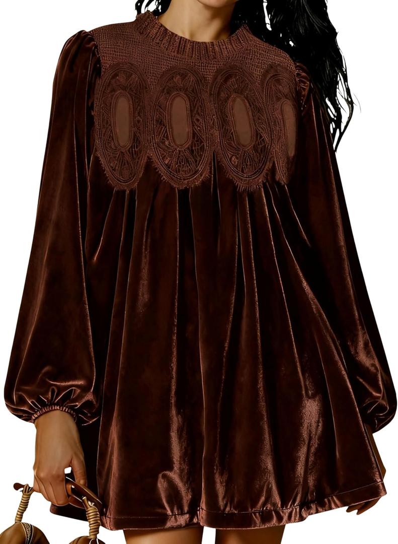 Womens A-Line Velvet Lace Overall Pleated Swing Babydoll Casual Skirtall Scallop Neck Flared Wedding Mini Dress, Size: X-Large (Brown)