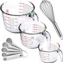 Le'raze Set of 3 Glass Measuring Cups with Measuring Spoons & Whisk - Kitchen Mixing Bowl Liquid Measure Cup, Glass Bakeware. 1 cup, 2 cup, 4 Cup., Multi Size, Clear