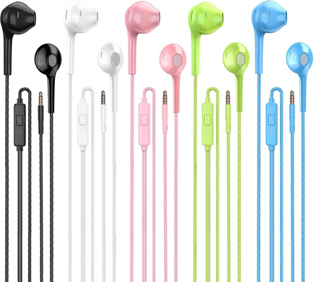 Earbuds Headphones with Microphone Pack of 5, Noise Isolating Wired Earbuds, Earphones with Powerful Heavy Bass Stereo, Compatible with Android, Phone, Laptops, MP3 and All 3.5mm Interface (Black+White+Blue+Pink+Green)