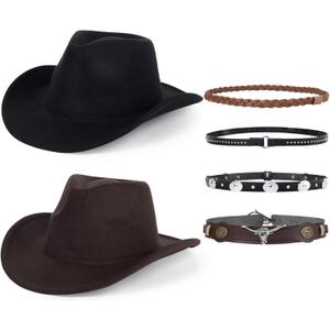 2 Pack Western Cowboy Hats for Women and Men Classic Felt Wide Brim Costume Cow Boy Hat Roll Up Brim Cowgirl Hat (Black - Coffee)