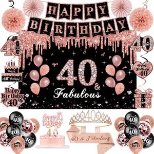 40th Birthday Decorations for Women,52Pcs PRE-STRUNG Rose Gold Black Party Set-40 Years Old Crown and Sash,Banner,Hanging Swirl,Backdrop Decor,CakeTopper,Age Candle, Balloons, Paper Fans,PRE-ASSEMBLED