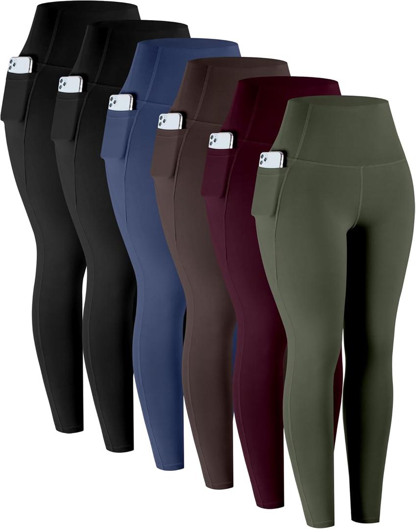 LZYVOO Leggings with Pockets for Women, 6 Packs Soft High Waisted Tummy Control Workout Yoga Pants, Large
