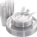 WDF 150pcs Silver Plastic Plates Disposable - Winter Wonderland Party Decorations include 50 Dinner And Salad Plates,25 Forks, 25 Knives, 25 Spoons& 10oz Plastic Cups
