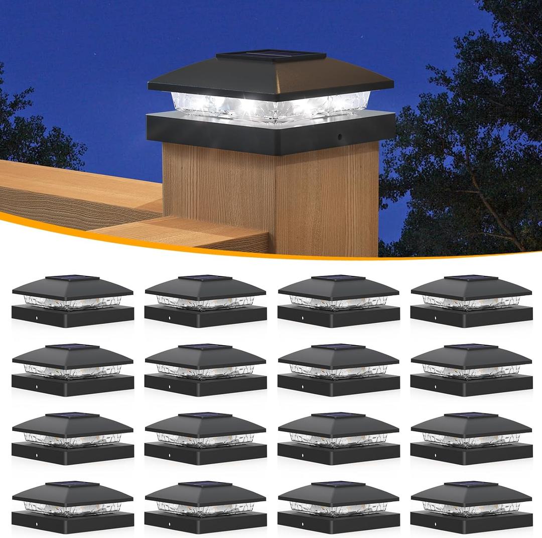 APONUO Solar Post Cap Lights for 4x4 Posts, Bright Cool White LED Post Cap Lights Solar Powered, IP64 Waterproof & All-Night Lighting, Black 16 Pack  Deck, Fence, Patio Light (Easy Install)