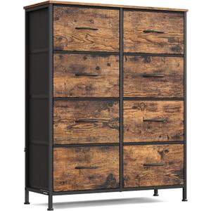 SONGMICS Dresser for Bedroom, Chest of Drawers, Steel, MDF, 8 Non-Woven Fabric Drawers, Storage Organizer Unit, Closet, Entryway, Rustic Brown and Ink Black LGS124B02S