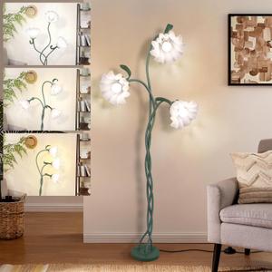 Vintage Flower Floor Lamp for Girls' Bedroom, Cute 3 Heads Floor Reading Light with Flexible Gooseneck, 3 Colors Modern Corner Standing Lamp with Lily for Living Room Office Home Decor, Bulbs Included