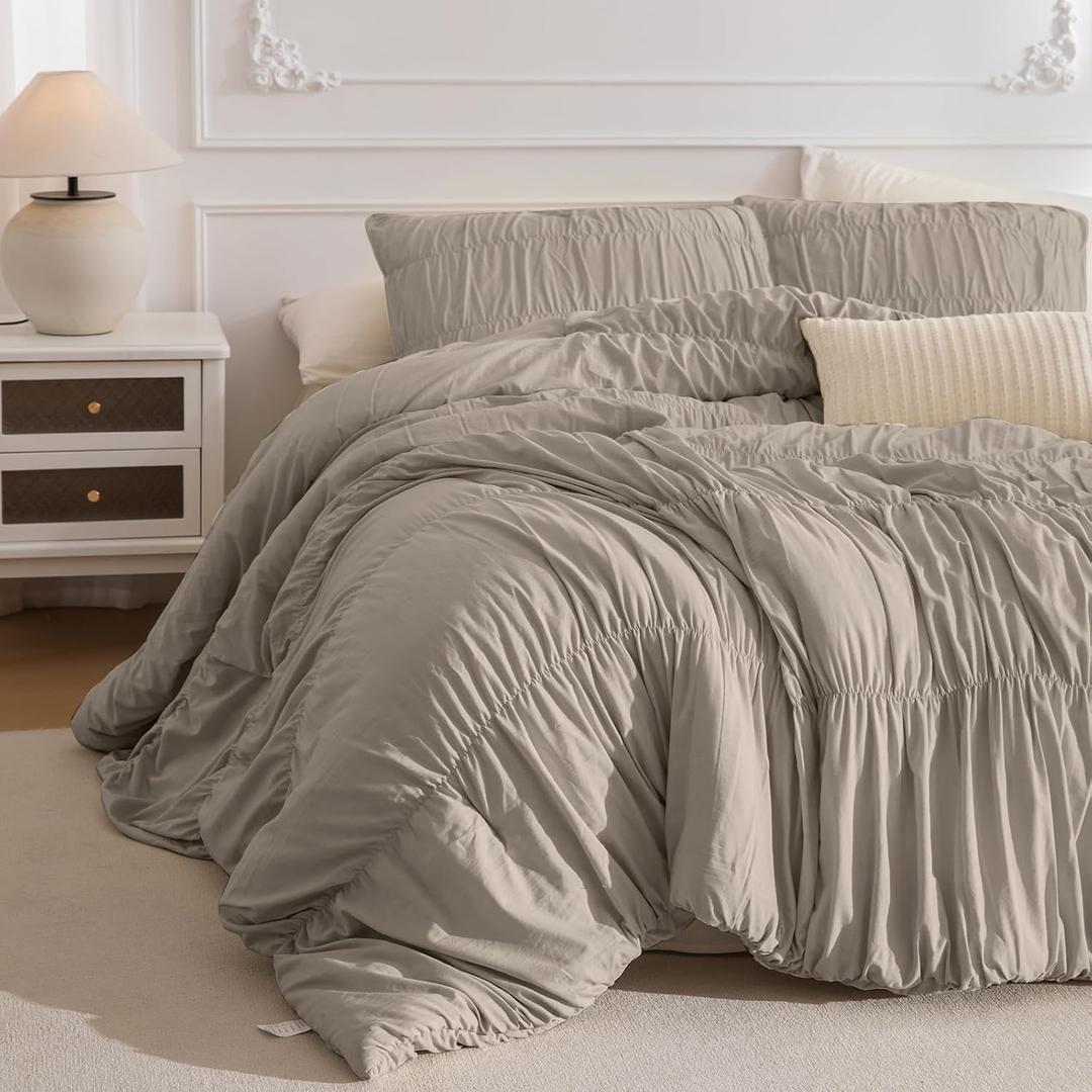 Masaca Oversized King Comforter(120"x98"),Ruched Ruffle California King Comforter Set,3 Pieces Lightweight Linen Color Extra Large Farmhouse Shabby Boho Chic French Country Rustic Bedding Set