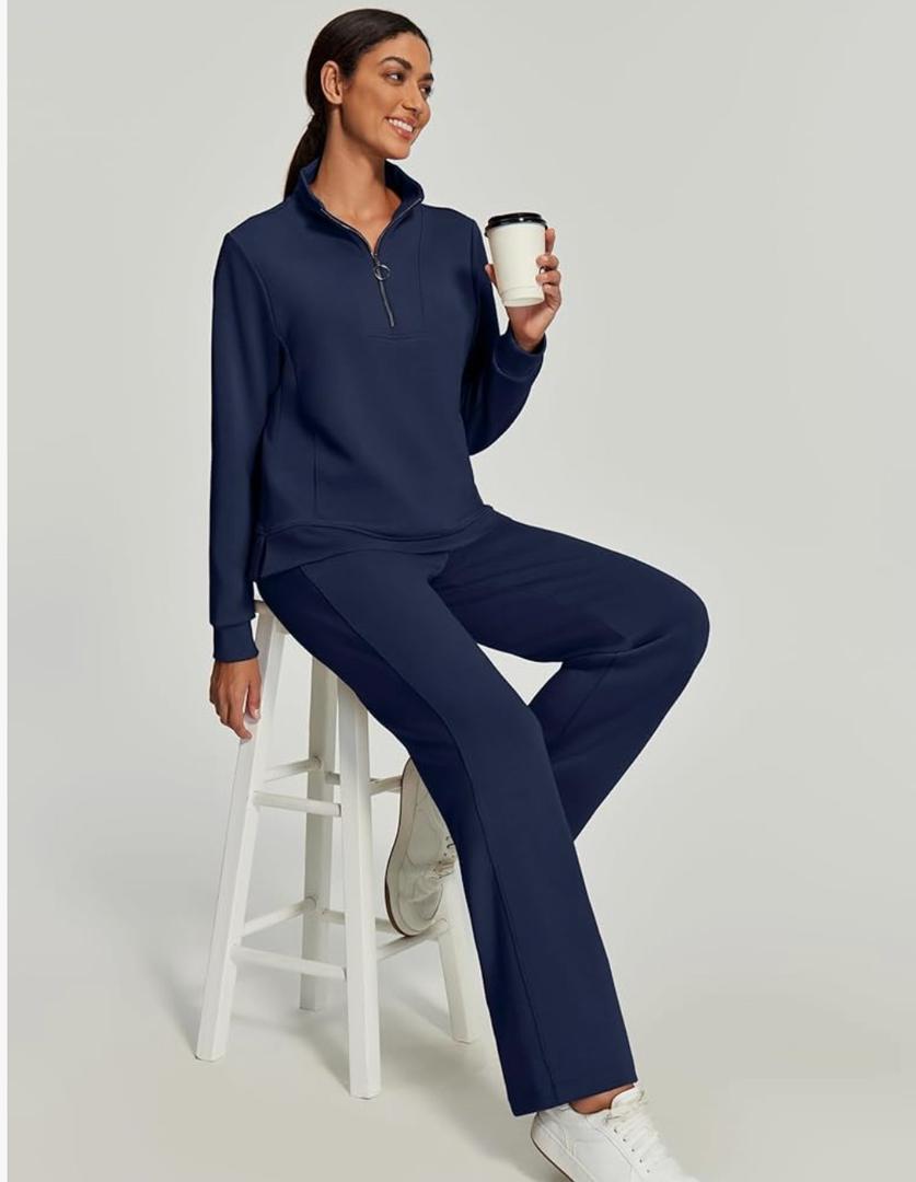 RUBZOOF Sweatsuits Women 2 Piece Outfit Half Zip Sweatshirt with Wide Leg Sweatpant 2 Piece Sweat Sets Lounge Set Tracksuit L