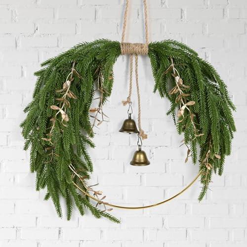 Artificial Norfolk Pine Christmas Wreath with Bell, 17.3 * 12 Inch Farmhouse Christmas Wreath for Front Door, Rustic Xmas Decor for Window, Mantle, Table, Wall, Hanging Decorations (Classic). 4 qty