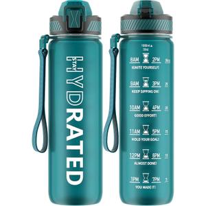 Water Bottle with Straw, 32oz Motivational Water Bottles with Time Marker to Drink, Tritan BPA Free, 1L Sports Water Bottle with Carry Strap LeakProof for Women Gym Fitness Outdoor (1 Pack) (Lakeshore Green)