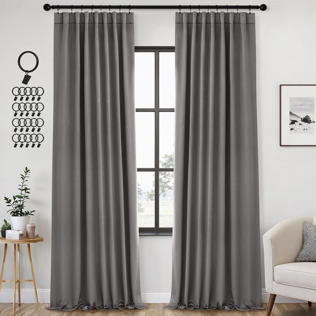 ANRODUO Rod Pocket and Back Tab Pleated Blackout Curtains with Hooks, Rings, Grey Curtains 96 Inches Long 2 Panels, Thermal Insulated Room Darkening Living Room Bedroom Curtain, 42x96 Inches