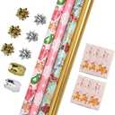 LaRibbons Christmas Wrapping Paper Set, Snowflake & Reindeer & Gingerbread Man Design with Gift Bow & Ribbons & Tags, Perfect for Christmas, Winter Party, 30 Inch X 10 Feet (4Rolls, 100 sq.ft.ttl.)