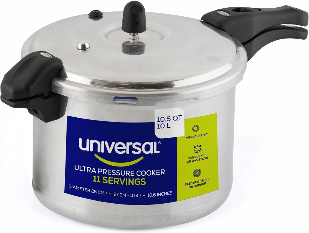 Universal (10.5 Quart / 10 Liter) Ultra Pressure Cooker, Pressure Pot with 6 Safety Systems, Aluminum Pressure Cooker for 11 Servings, Even Heat Distribution, Diameter 10.4 inches, Height 10.6 inches