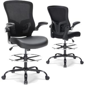 Drafting Chair, Tall Office Chair with PU Leather Seat, Ergonomic Standing Desk Chair with Lumbar Support Counter Height Office Chair with Adjustable Footrest Ring Flip-up Armrests