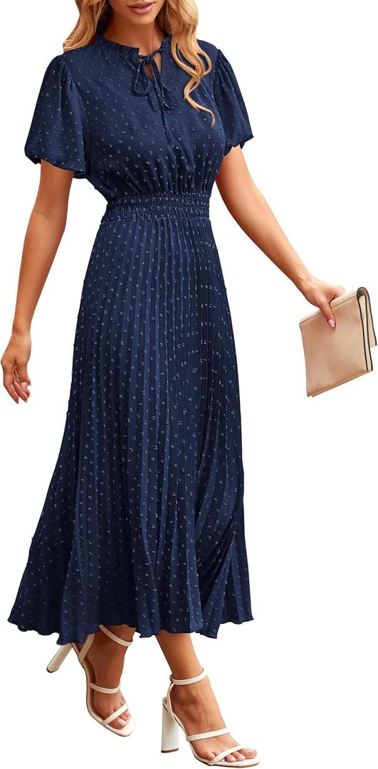 PRETTYGARDEN Summer Long Dresses for Women Puff Short Sleeve V Neck Swiss Dot Pleated A Line Casual Flowy Party Midi Dress (Navy, Large)