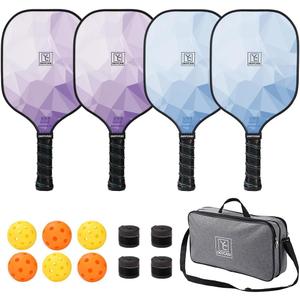 Pickleball Paddles Set of 4, USAPA Approved Pickleball Set, Fiberglass Pickle Ball Rackets, 3 Outdoor Pickleball, 3 Indoor Pickleball Balls, 4 Pickleball Overgrip, 1 Pickleball Bag for Women and Men (Blue Purple)