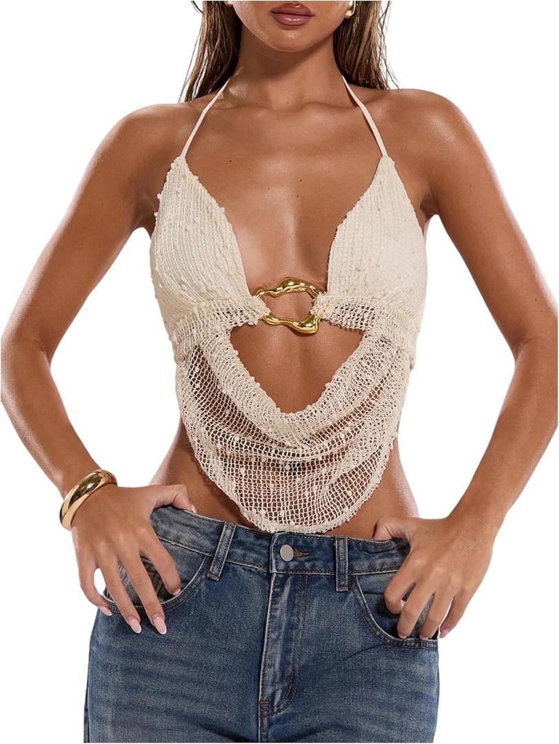 MakeMeChic Women's Crochet Halter Top Tie Open Back Metal Ring Draped Front Y2k Sexy Rave Festival Concert Tops (Large, Beige)