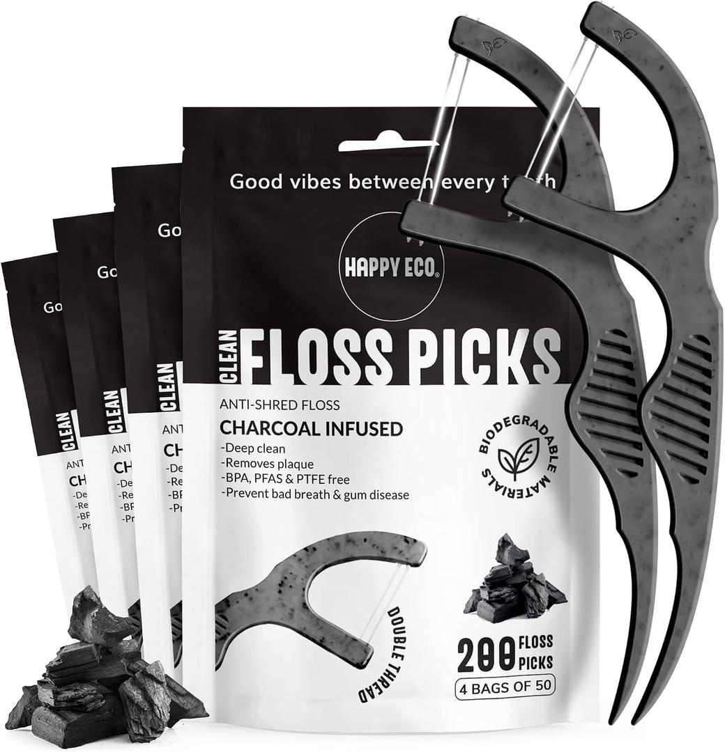 Dental Floss Picks for Teeth (200ct) - Double Thread Tooth Picks Flossers for Adults, Toothpicks Floss, Vegan Corn-Straw Handle, Shred-Resistant String for Interdental Oral Care & Gum Health, Charcoal, 2 Pack