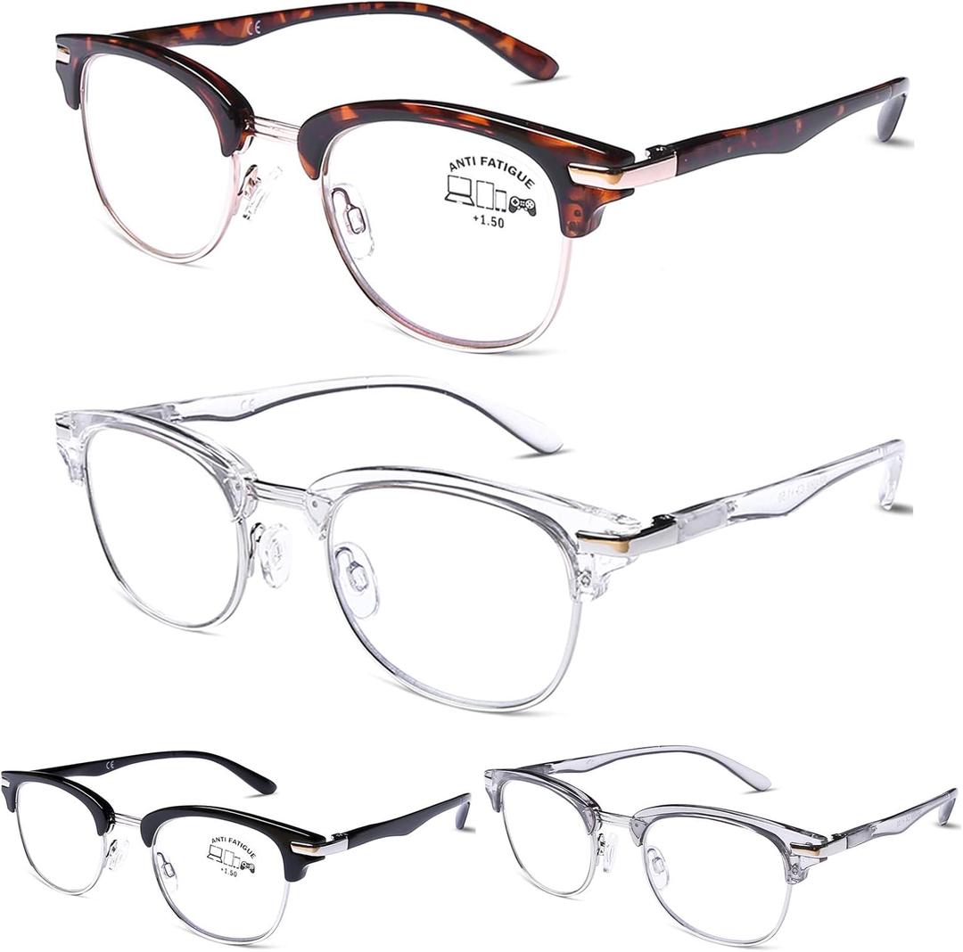 DOOViC 4 Pack Blue Light Blocking Reading Glasses Fashion Classic Style Spring Hinge Computer Readers for Women Men 1.50