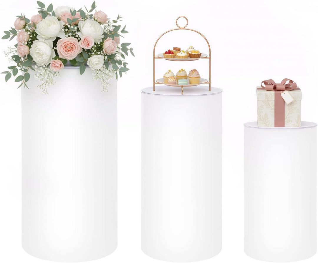 3 PCS Tall Cylinder Pedestal Stand for Wedding,White
Round Cake Stands,3 Heights,Max 44 Lbs Load,No Assembly,for Party Birthday
