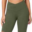 ODODOS Women's Crossover Yoga Shorts with Back Pocket, 8" Buttery Soft V High Waist Lounge Biker Shorts, Dark Olive, Medium