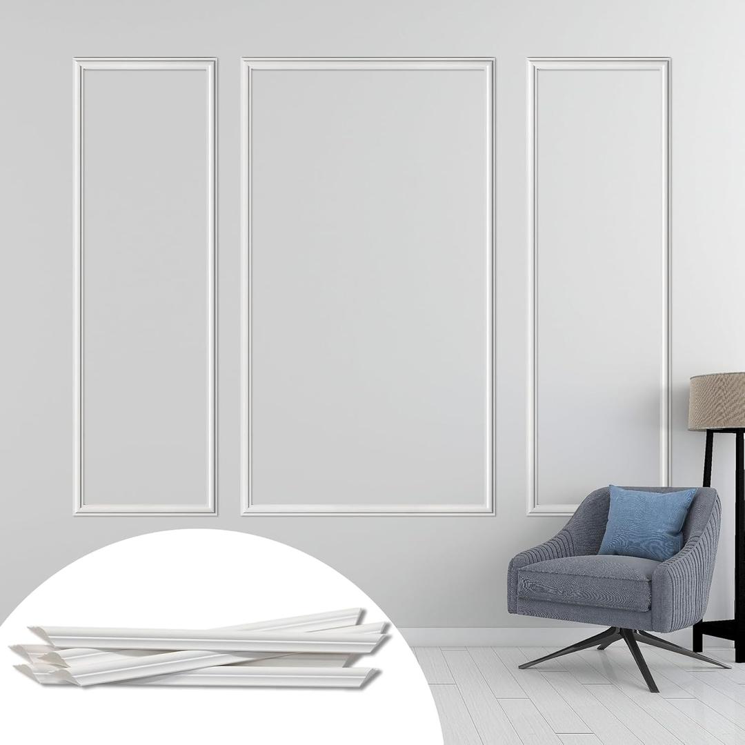 Pre-Cut Accent Wall Molding Trim Kit, 3 Frames Premade Wainscoting Panels for Interior Decoration, Ready to Assemble Chair Rail Moulding (White)