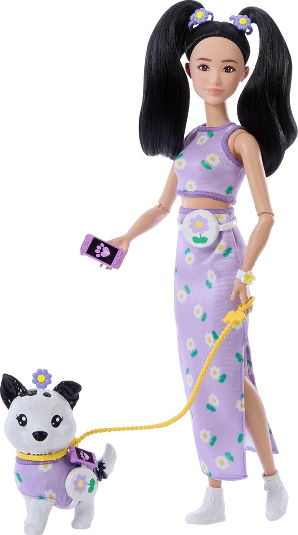 Barbie Twinning Looks Doll with Pet Dog in Matching Purple Daisy Clothes and Accessories for Both Like Flowers and Belt Bags, Black Hair
